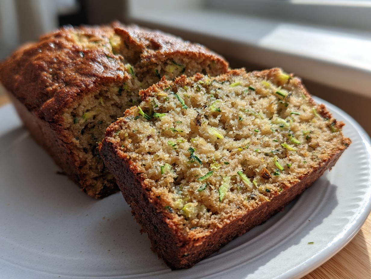 Close-up of moist zucchini banana bread, showing one full loaf and one thick slice revealing green zucchini shreds.