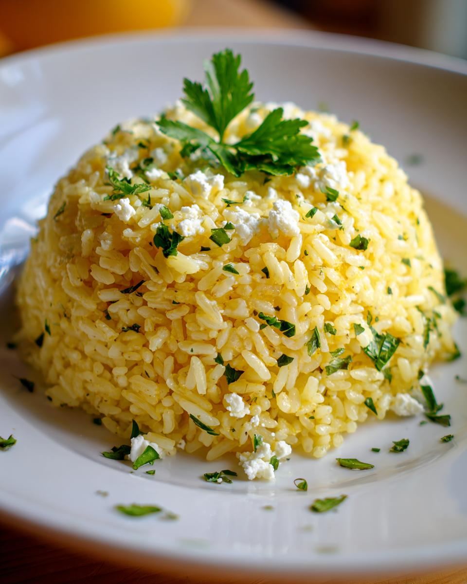 A perfectly molded serving of yellow mediterranean rice topped with crumbled feta cheese and fresh chopped parsley.