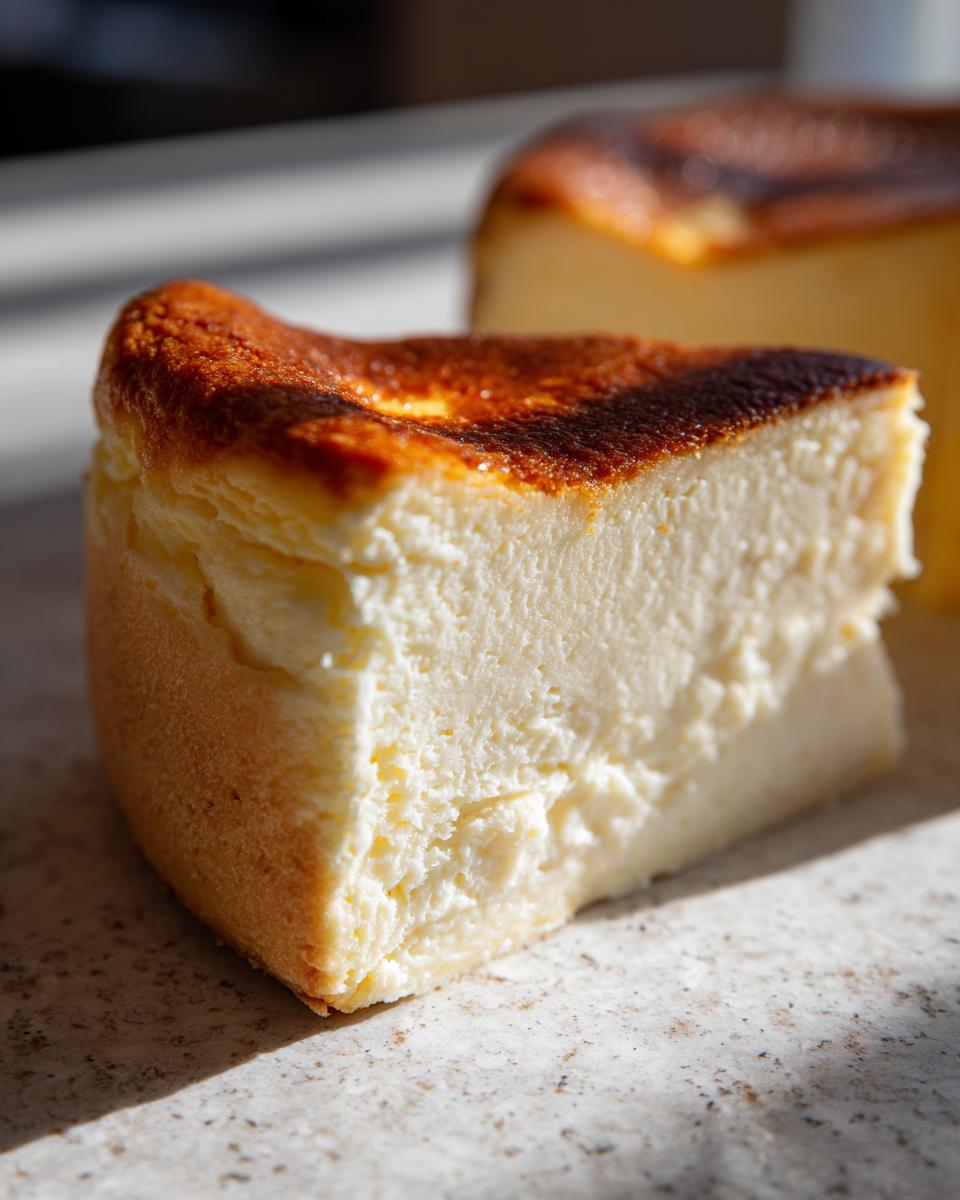 A thick slice of creamy New York cheesecake featuring a deeply caramelized, almost burnt top crust.
