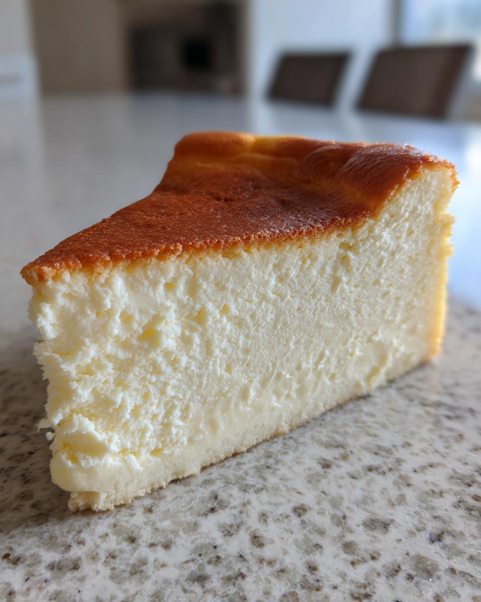 A thick, creamy slice of New York cheesecake showing a smooth interior and a deeply caramelized top crust.