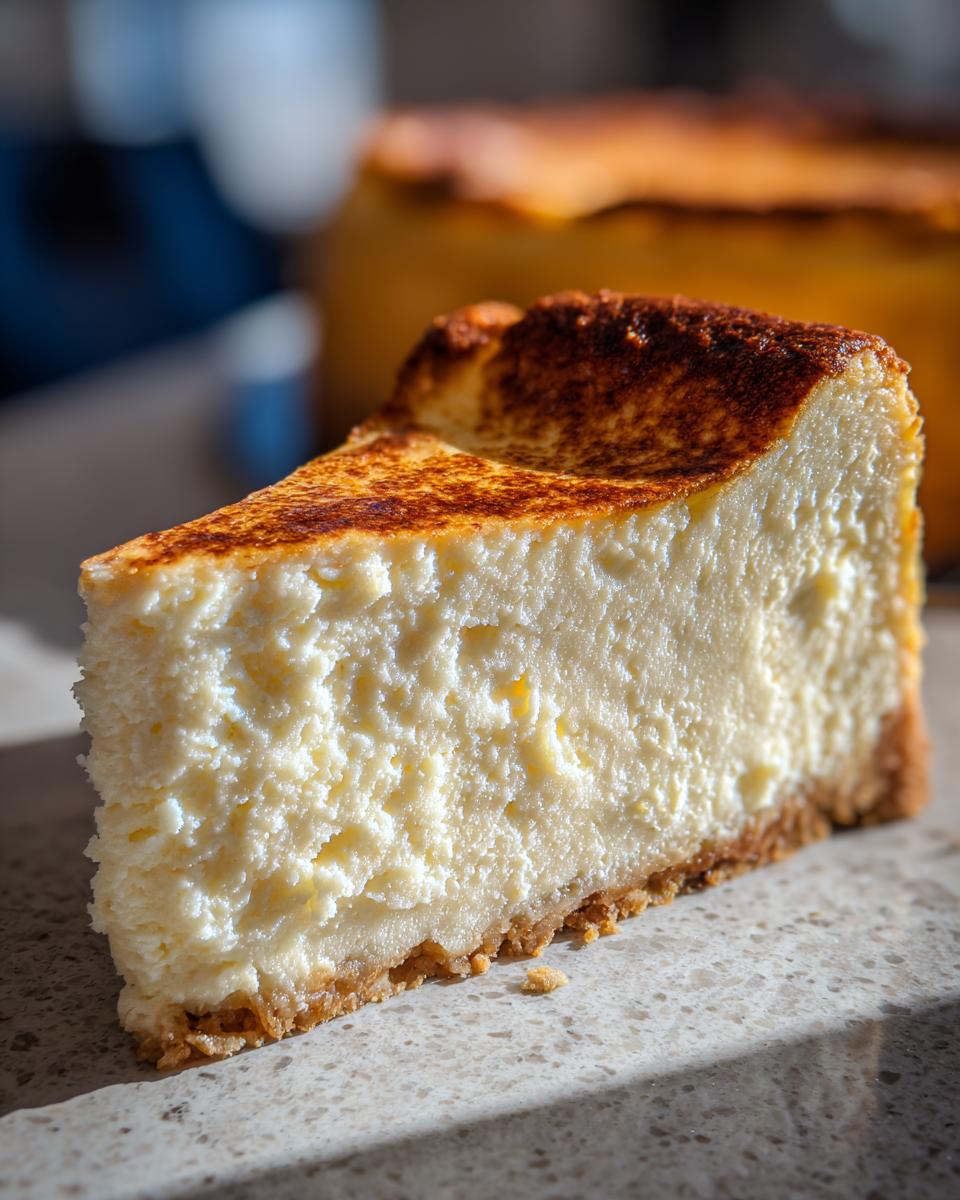 Close-up of a thick slice of creamy New York cheesecake showing a graham cracker crust and a slightly browned top.