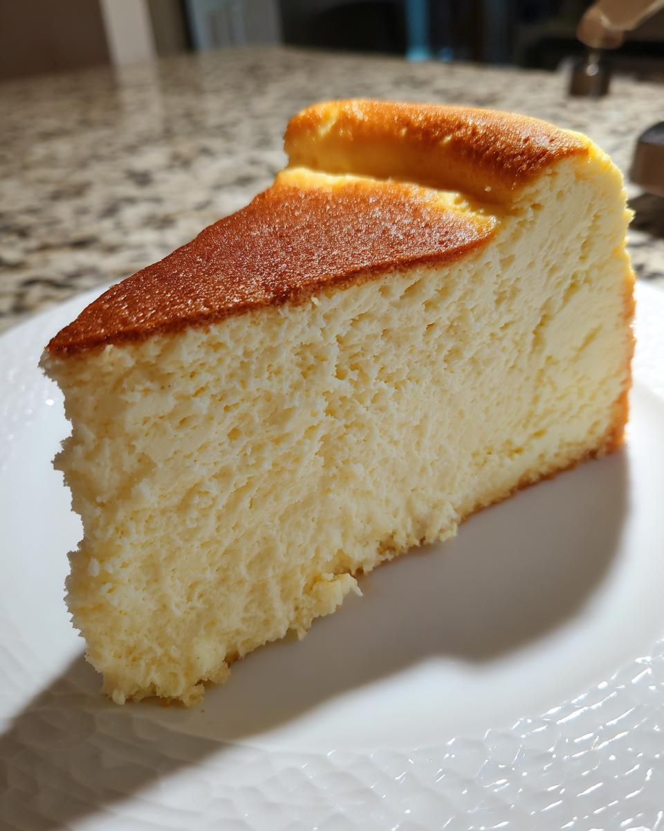 A thick, tall slice of creamy New York cheesecake with a golden-brown top, showing its light texture.