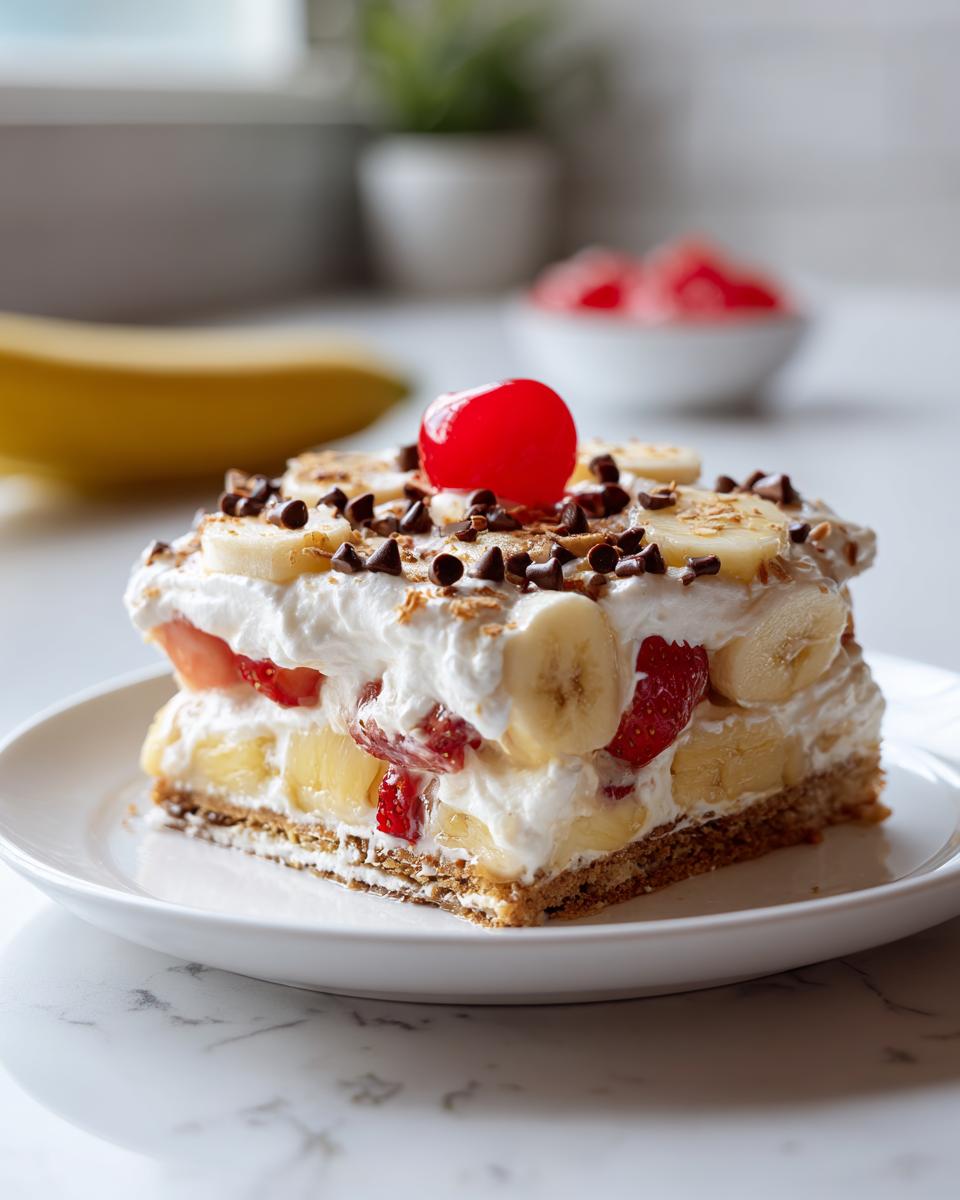A perfect slice of no-bake banana split cake layered with fruit, cream, and topped with a cherry.