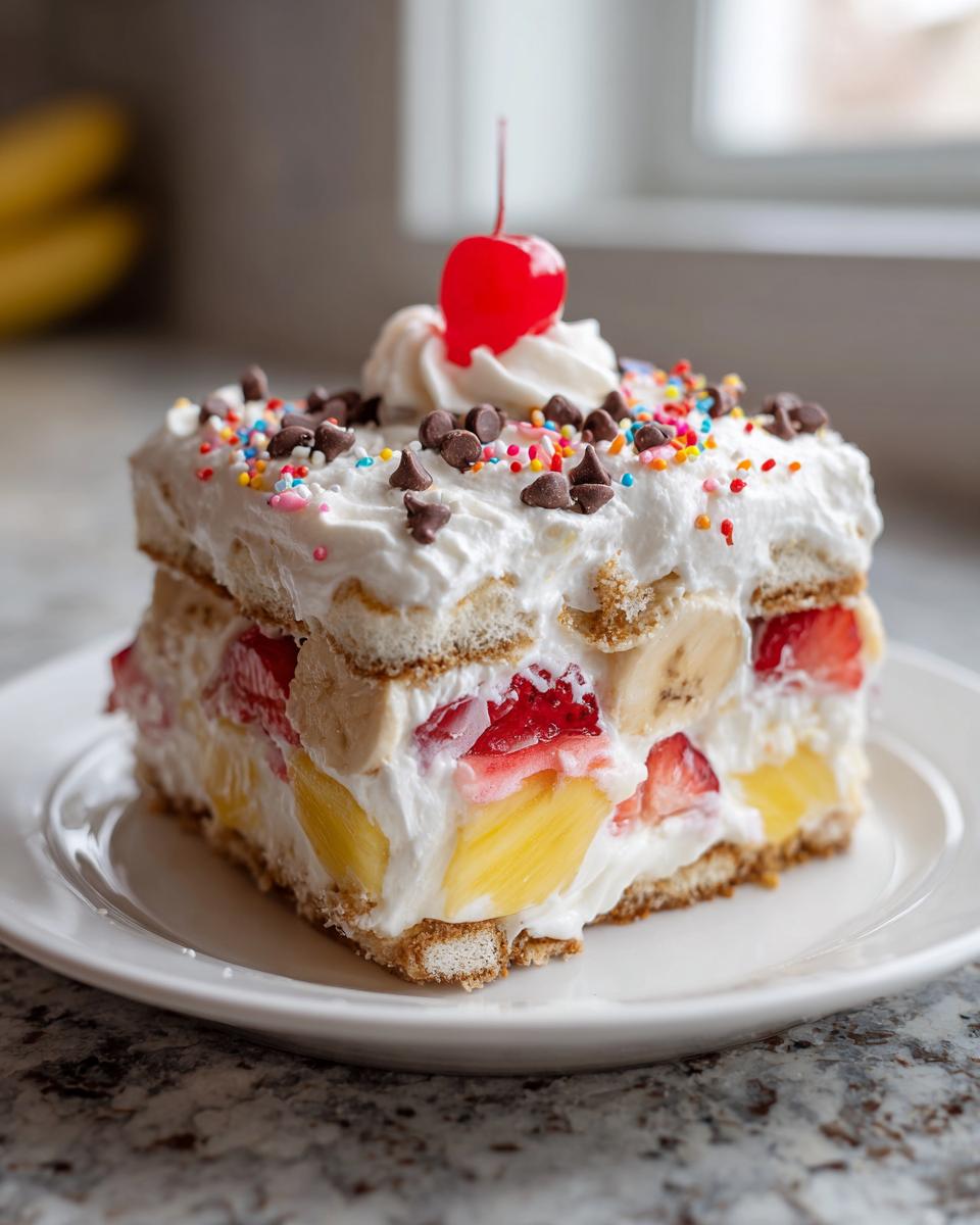 A square slice of no-bake banana split cake layered with fruit and cream, topped with whipped cream, sprinkles, and a maraschino cherry.