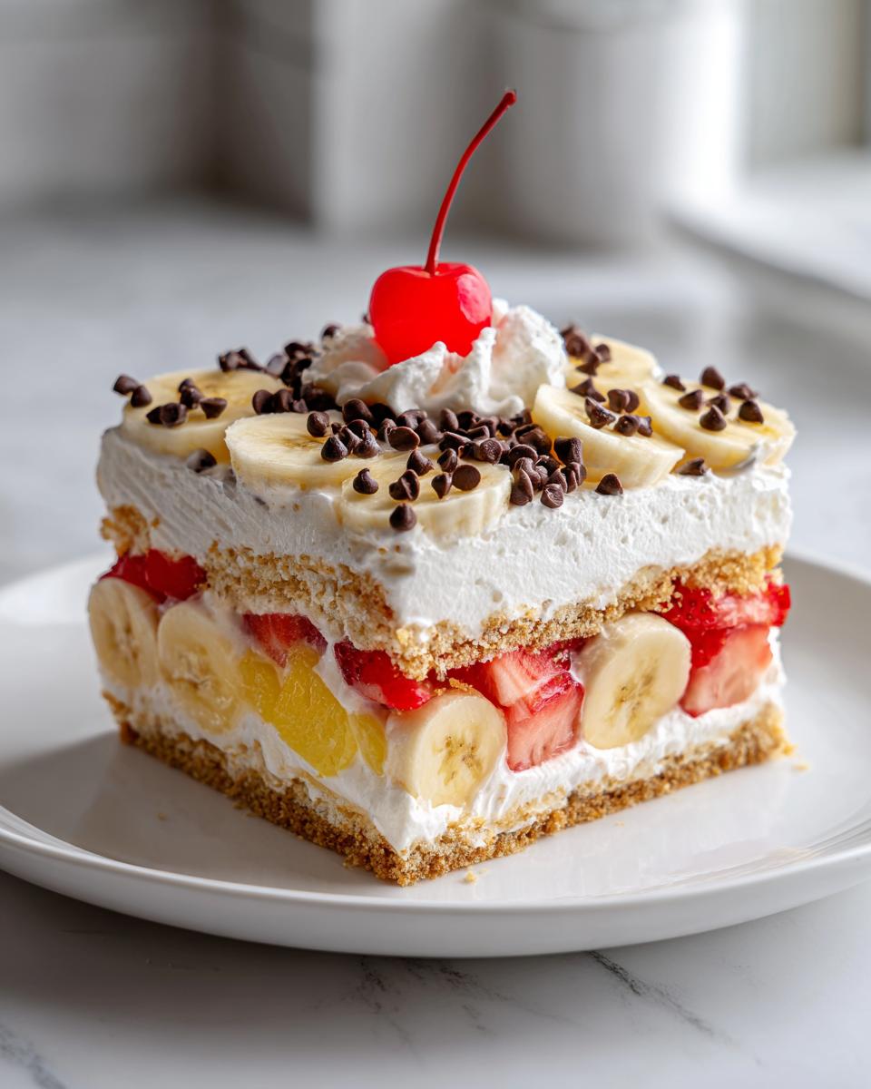 A perfect square slice of no-bake banana split cake layered with fruit, cream, and topped with a cherry.