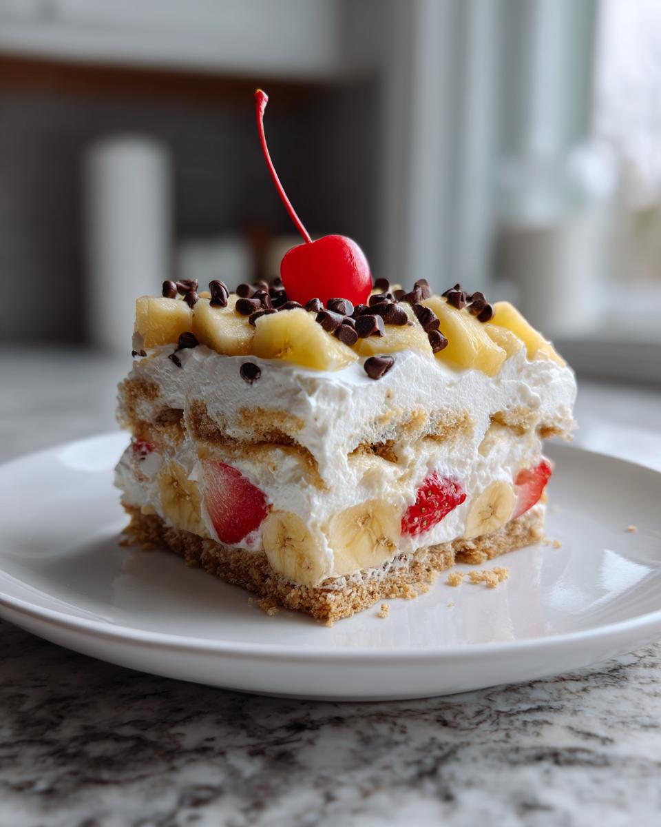 A perfect slice of no-bake banana split cake featuring layers of cream, fruit, and a graham cracker crust, topped with a cherry.