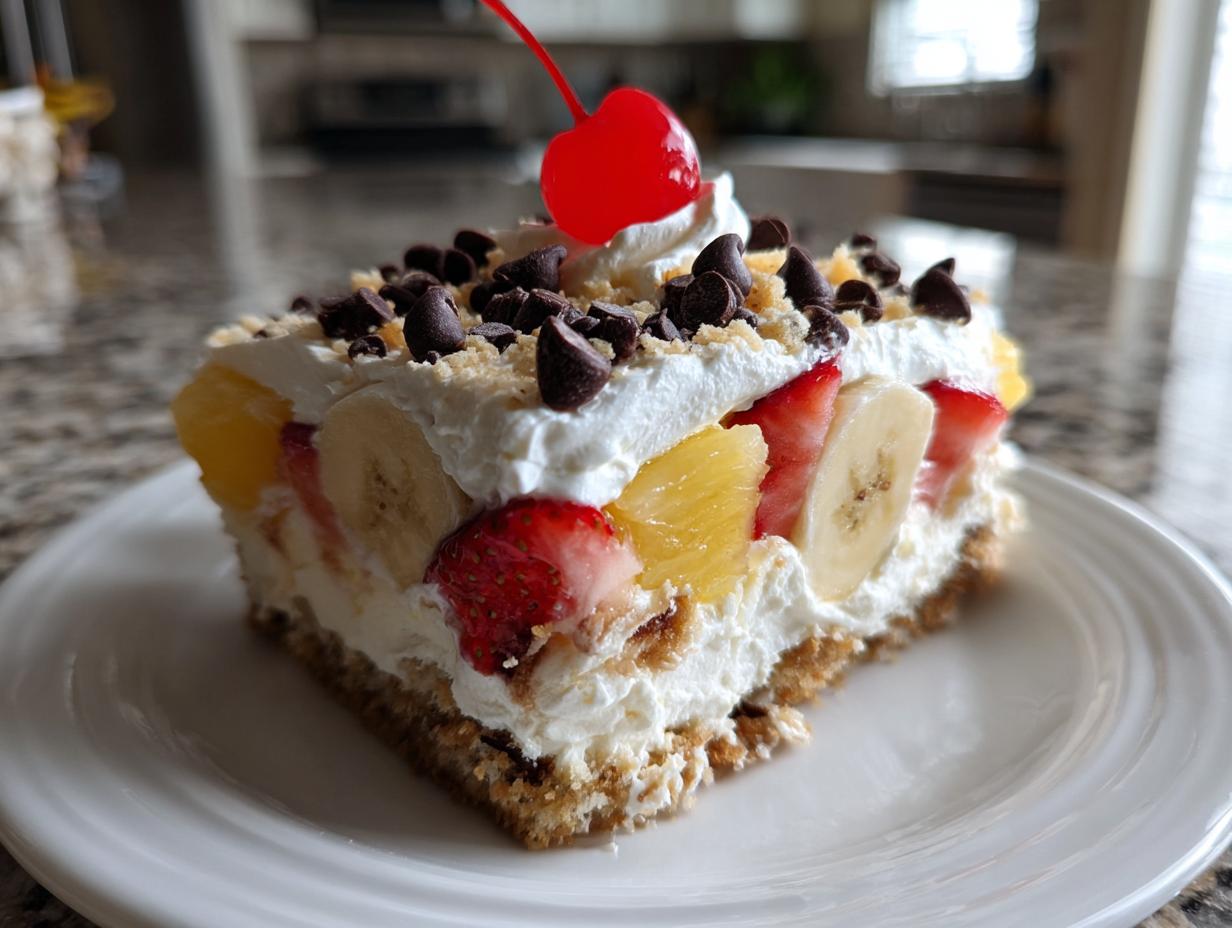 A delicious slice of no-bake banana split cake topped with whipped cream, fruit, chocolate chips, and a maraschino cherry.