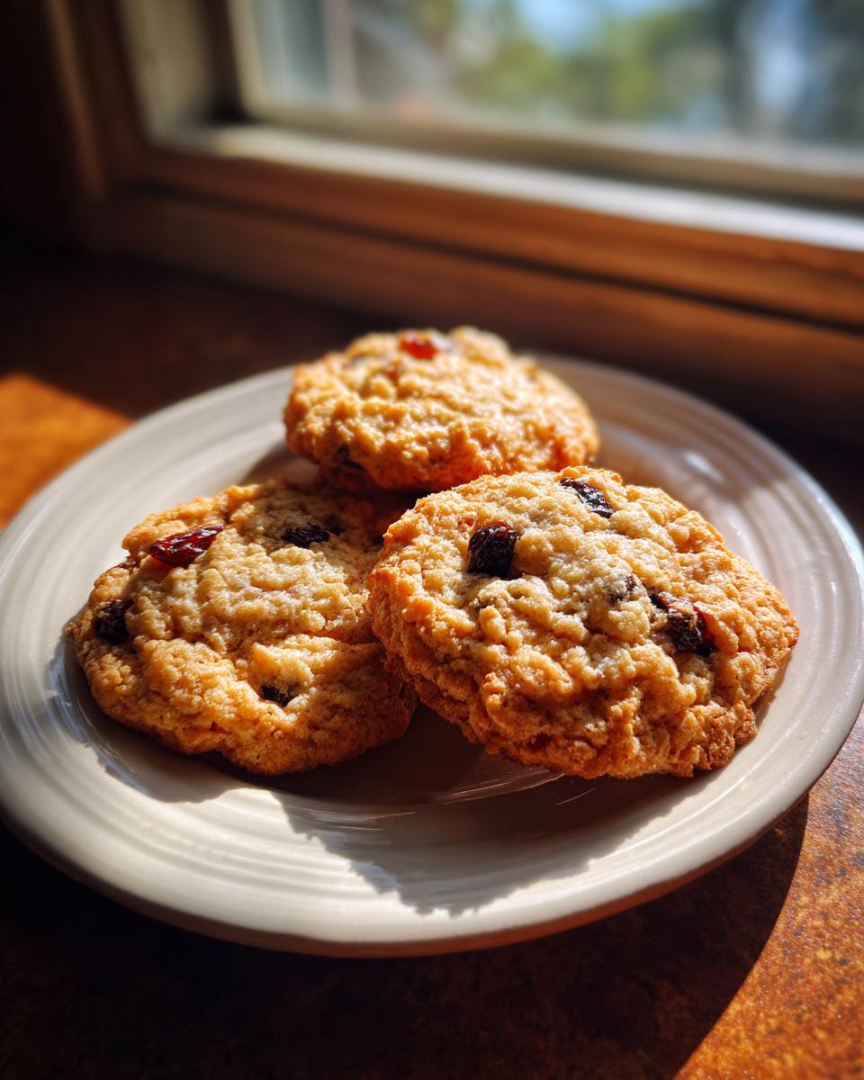 Three freshly baked oatmeal raisin cookies stacked slightly on a light plate near a window.