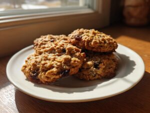 A stack of four golden brown oatmeal raisin cookies resting on a small white plate near a sunlit window.