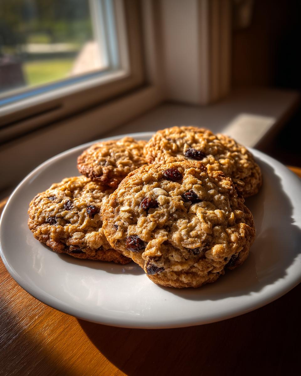 Four freshly baked oatmeal raisin cookies piled on a white plate, illuminated by bright sunlight from a nearby window.