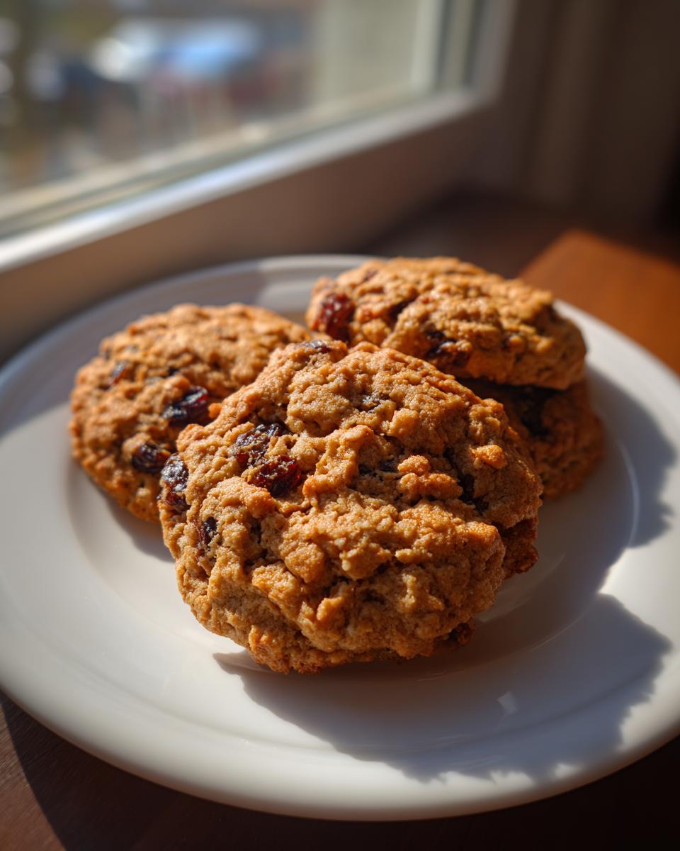 A close-up of four freshly baked oatmeal raisin cookies stacked slightly on a white plate near a window.