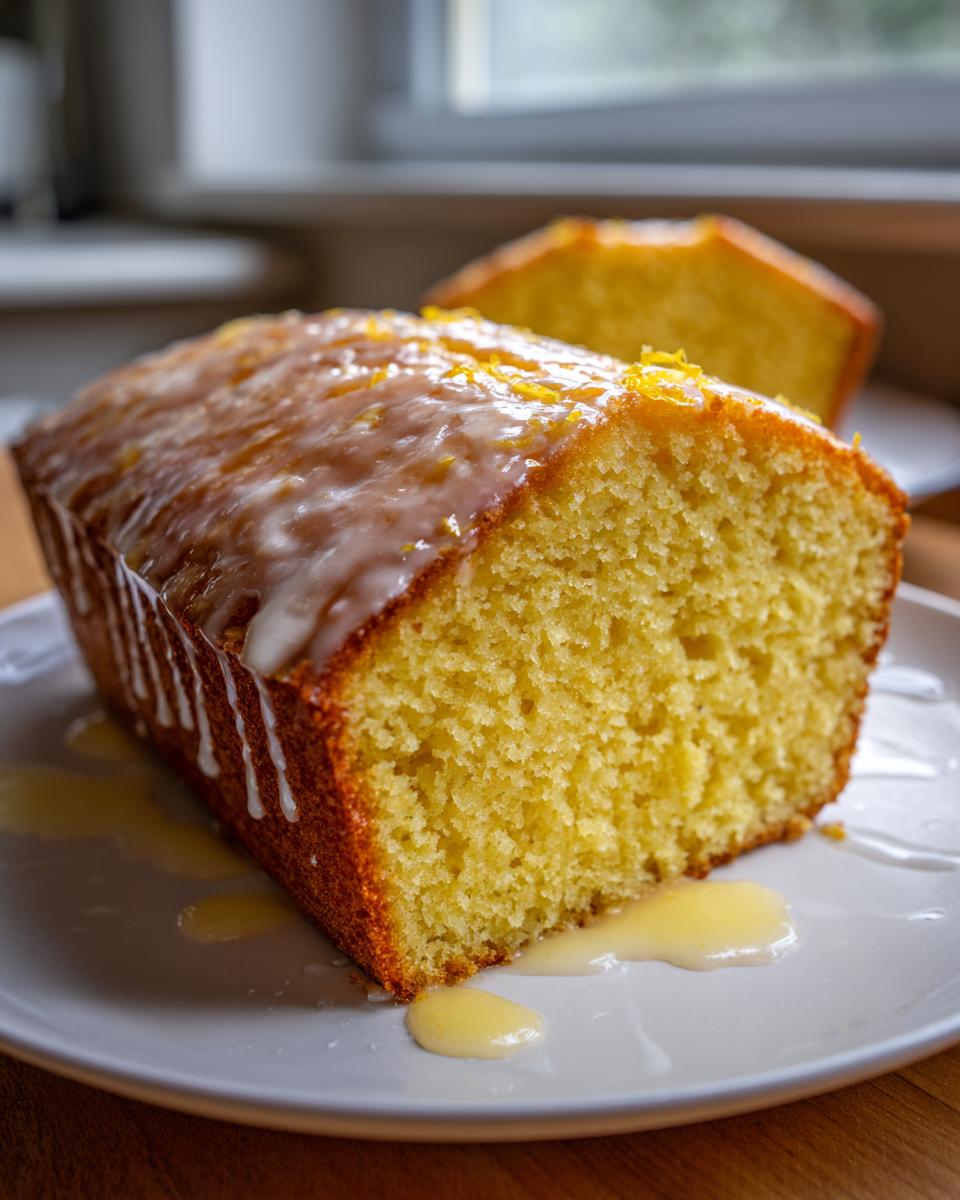 Close-up of a slice of moist olive oil cake with a white glaze and lemon zest topping.