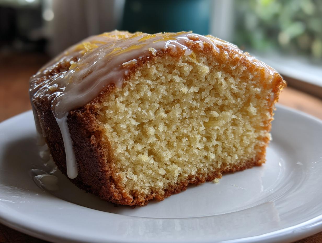 Close-up of a slice of moist olive oil cake showing a tender crumb, topped with a lemon glaze and zest.