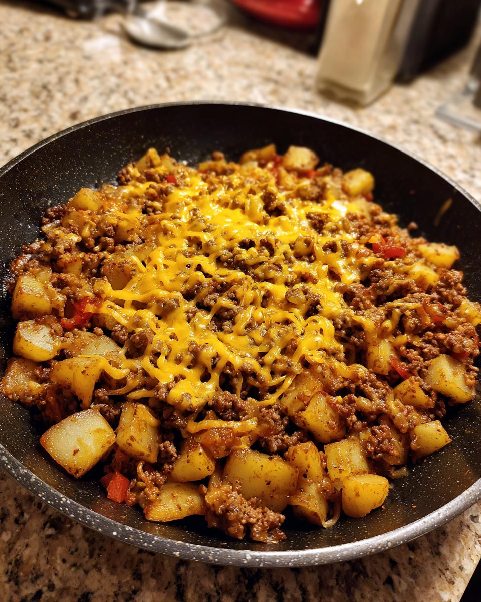 Close-up of Cheesy Taco Potatoes with ground meat and melted cheddar cheese in a black skillet.