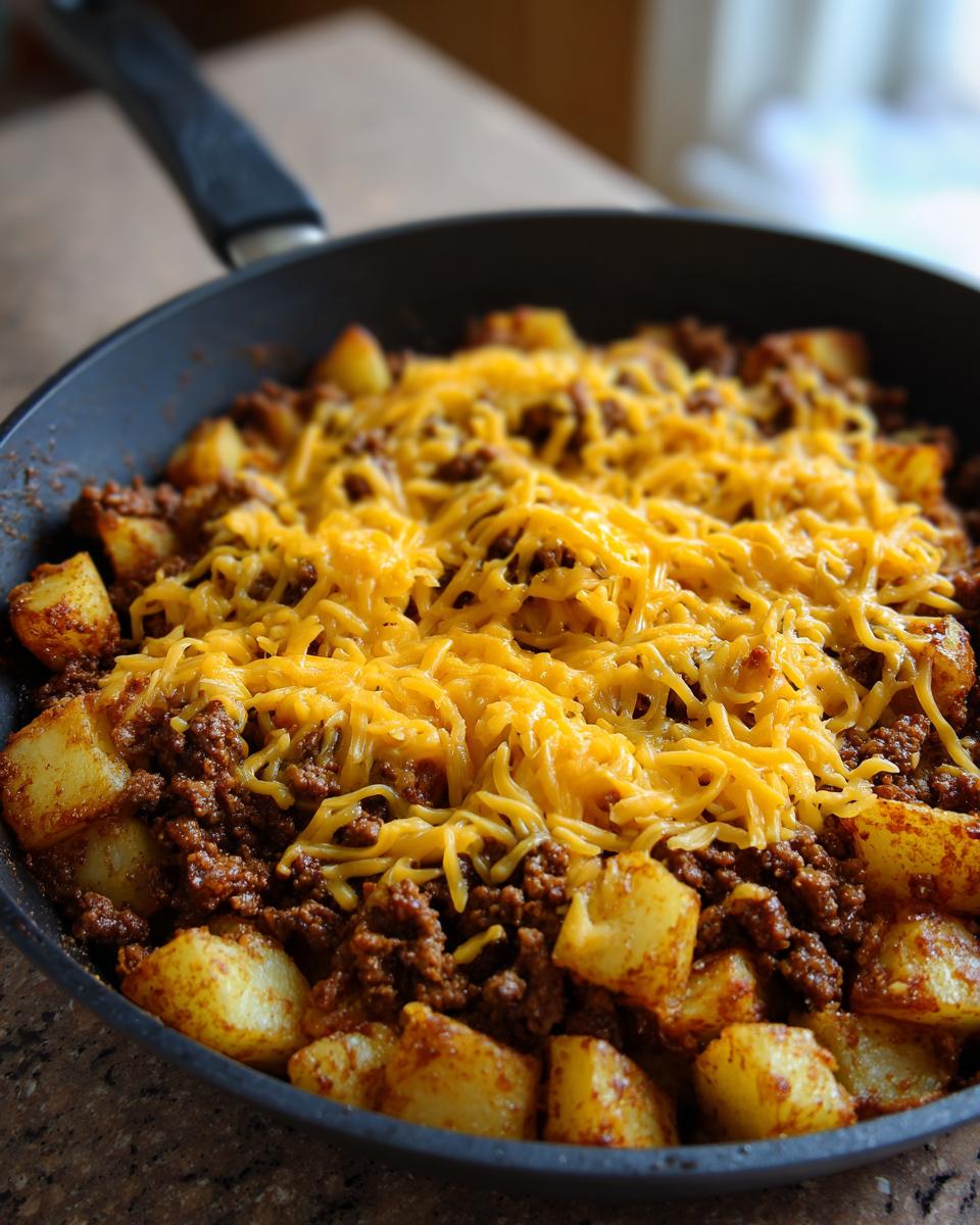 Close-up of Cheesy Taco Potatoes with seasoned ground beef and chunks of roasted potato topped with shredded cheddar cheese in a black skillet.