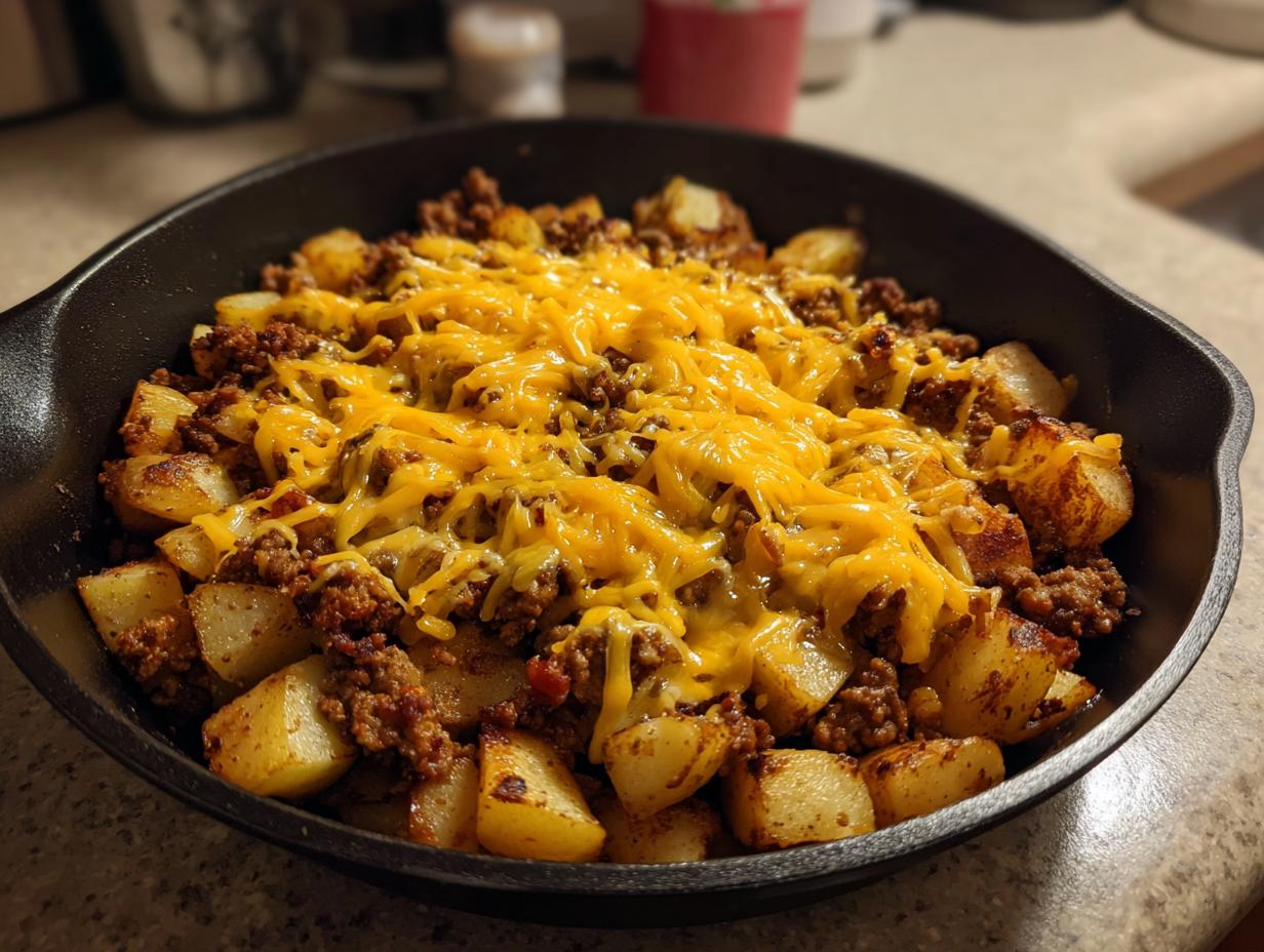 A close-up of Cheesy Taco Potatoes featuring browned potatoes, seasoned ground beef, and melted shredded cheddar cheese in a black skillet.