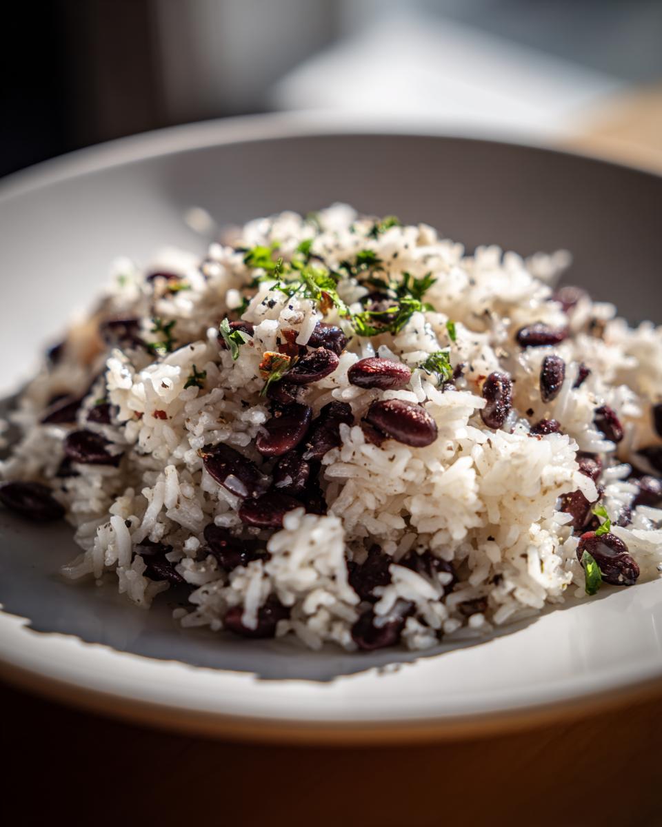 A close-up, high-contrast photo of fluffy white rice mixed with dark black beans and topped with fresh green herbs, showcasing the black beans and rice dish.