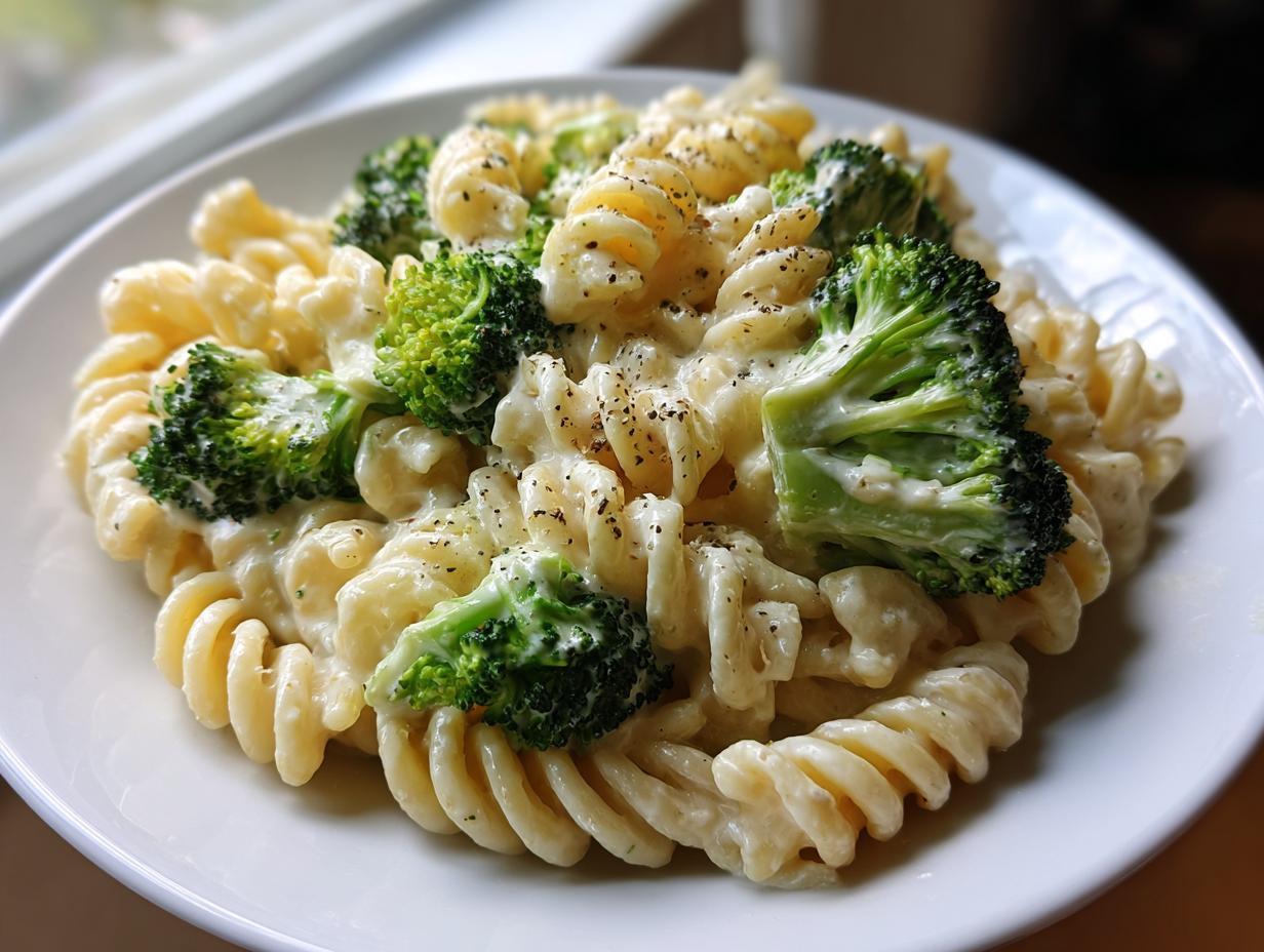 A close-up of creamy one-pot broccoli pasta featuring fusilli noodles and bright green broccoli florets, seasoned with pepper.