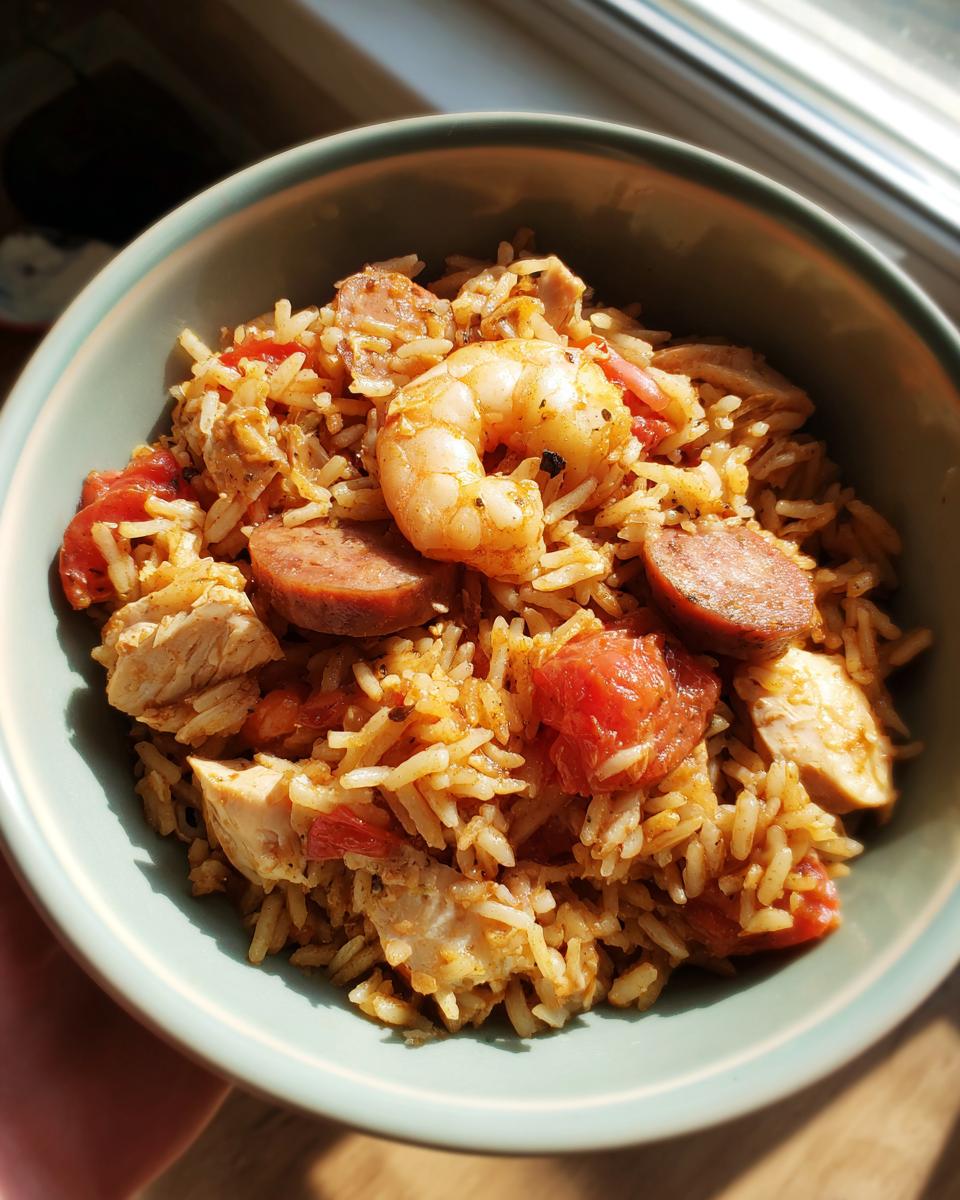 Close-up of a bowl of flavorful jambalaya featuring rice, chicken, sausage, tomatoes, and a large shrimp on top.