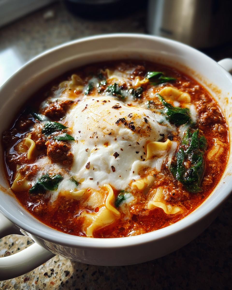 Close-up of a steaming bowl of one pot lasagna soup topped with a poached egg and spices.