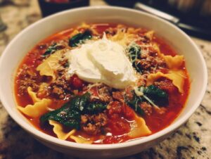 Close-up of a white bowl filled with rich, red one pot lasagna soup, topped with ground meat, spinach, and a dollop of ricotta cheese.