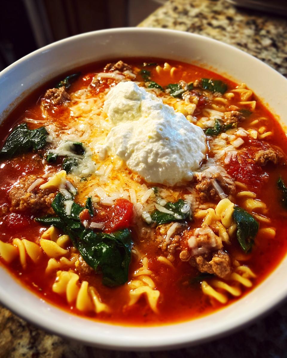 Close-up of a steaming bowl of one pot lasagna soup topped with a dollop of ricotta cheese and melted mozzarella.