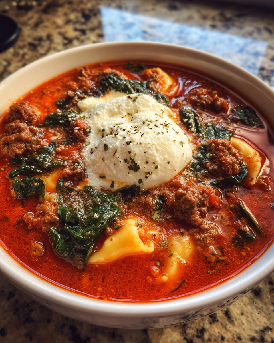 Close-up of a bowl of rich, red one pot lasagna soup topped with a dollop of ricotta cheese and spinach.