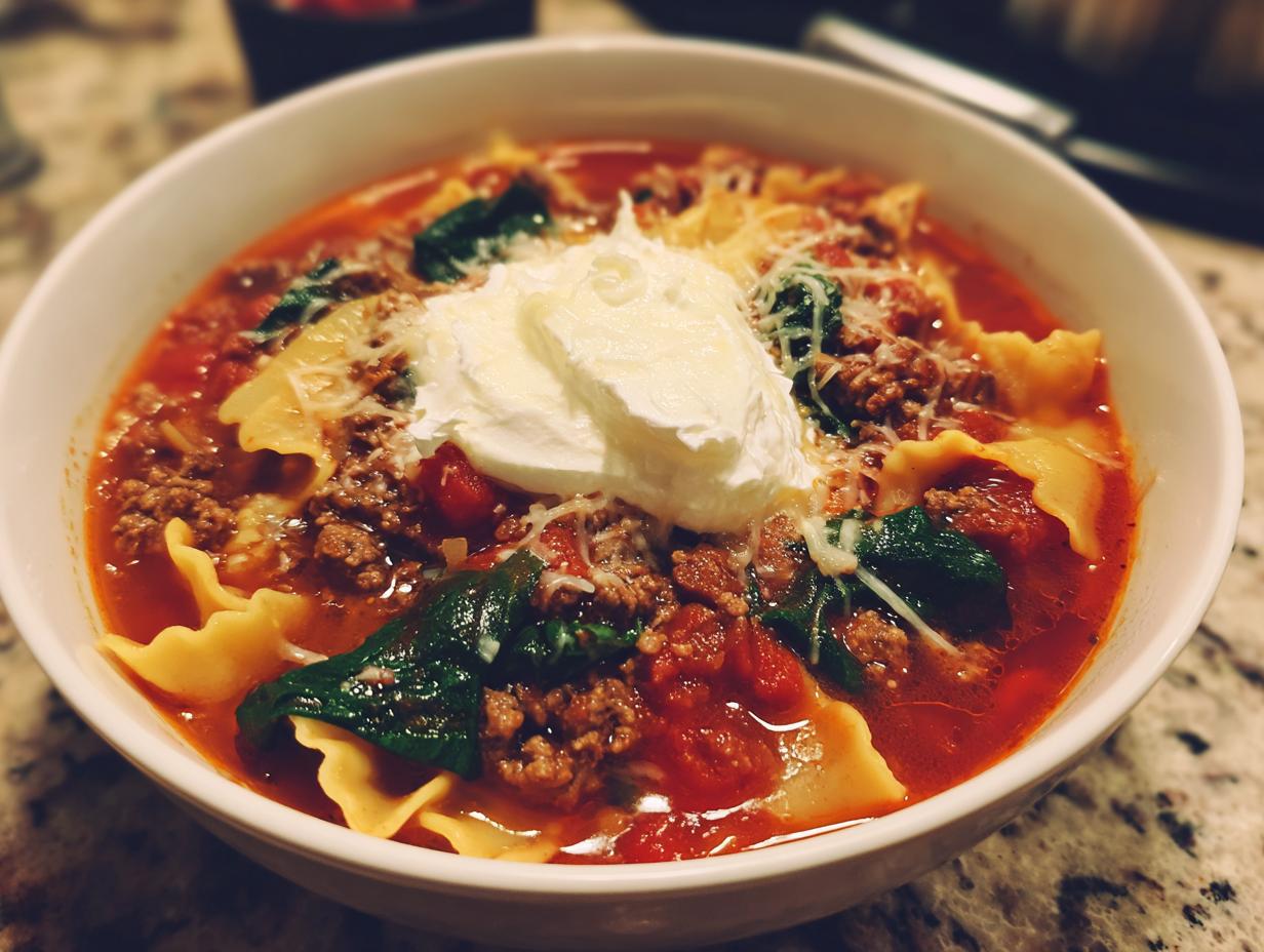 Close-up of a white bowl filled with rich, red one pot lasagna soup, topped with ground meat, spinach, and a dollop of ricotta cheese.