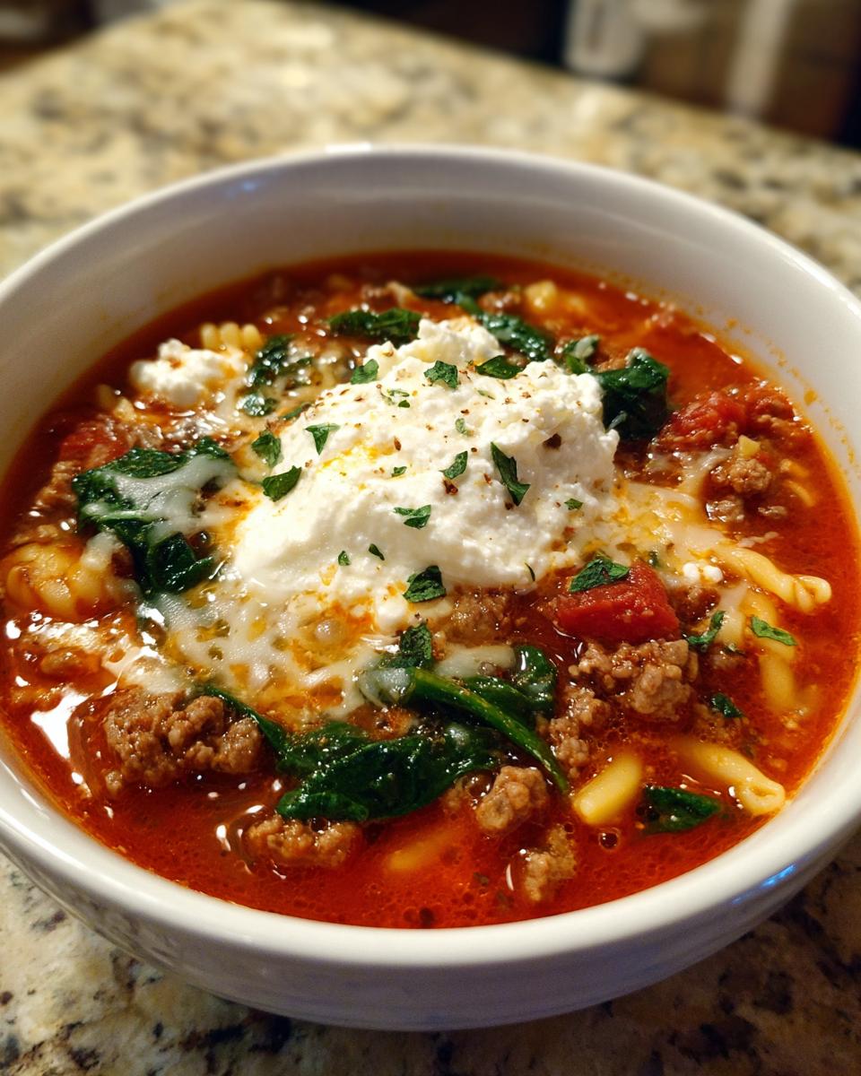 A close-up of a steaming bowl of one pot lasagna soup topped generously with ricotta cheese and fresh parsley.
