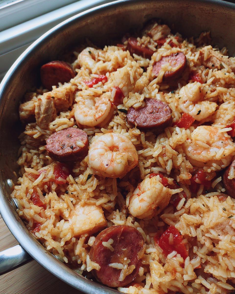 Close-up of flavorful one-pot jambalaya featuring shrimp, sliced andouille sausage, and rice in a metal skillet.