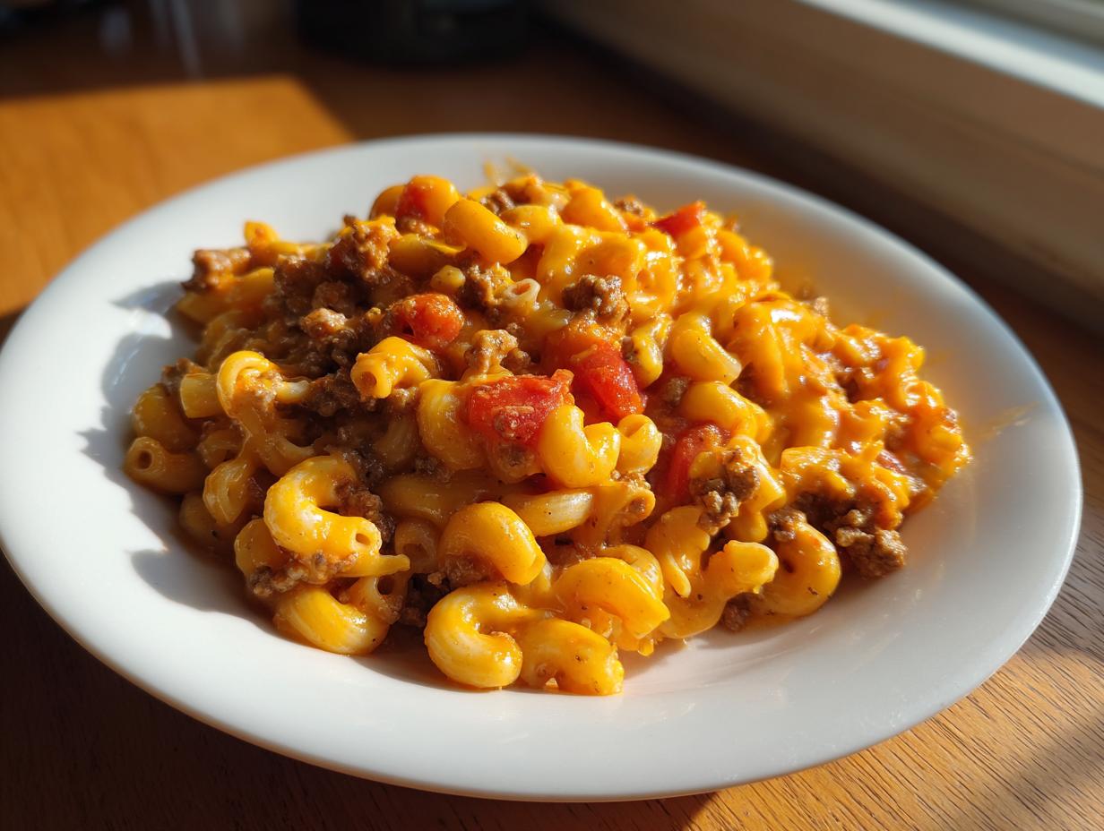 A close-up of cheesy taco pasta with elbow macaroni, ground beef, and diced tomatoes on a white plate.