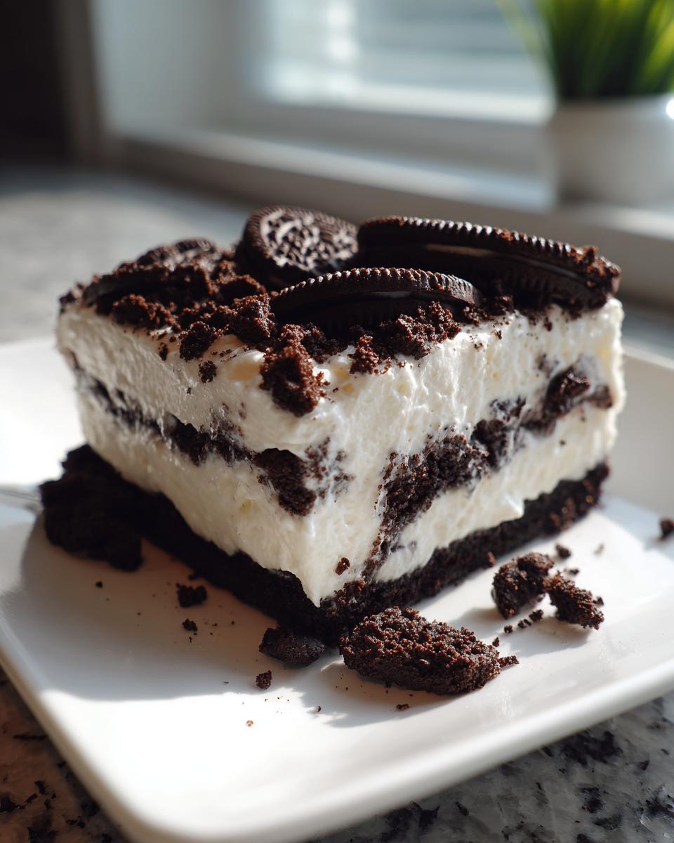 A perfect slice of no-bake Oreo pie with creamy white filling and dark chocolate cookie layers and topping.