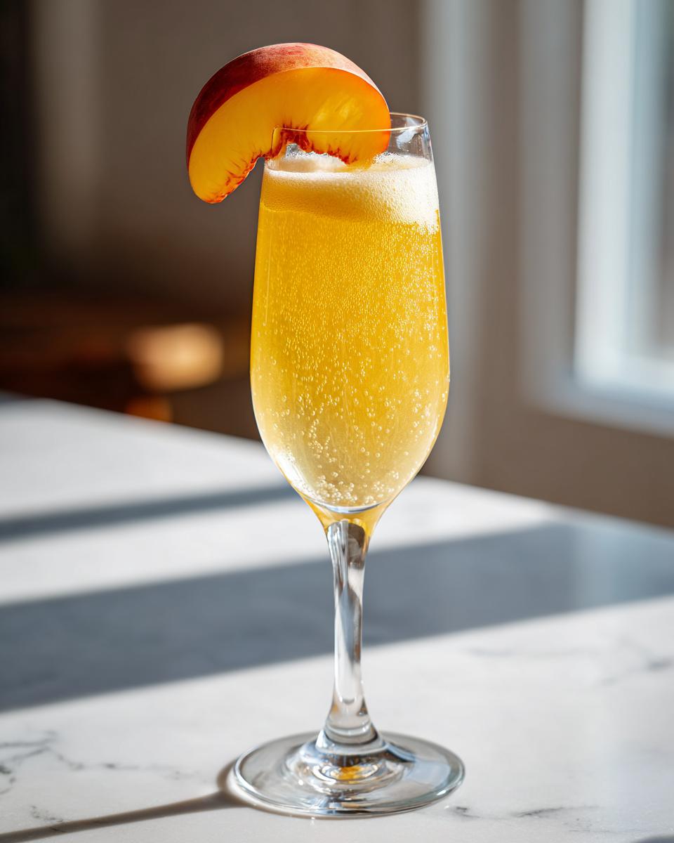 A tall flute glass filled with a bubbly, golden bellini recipe cocktail, garnished with a fresh peach slice.
