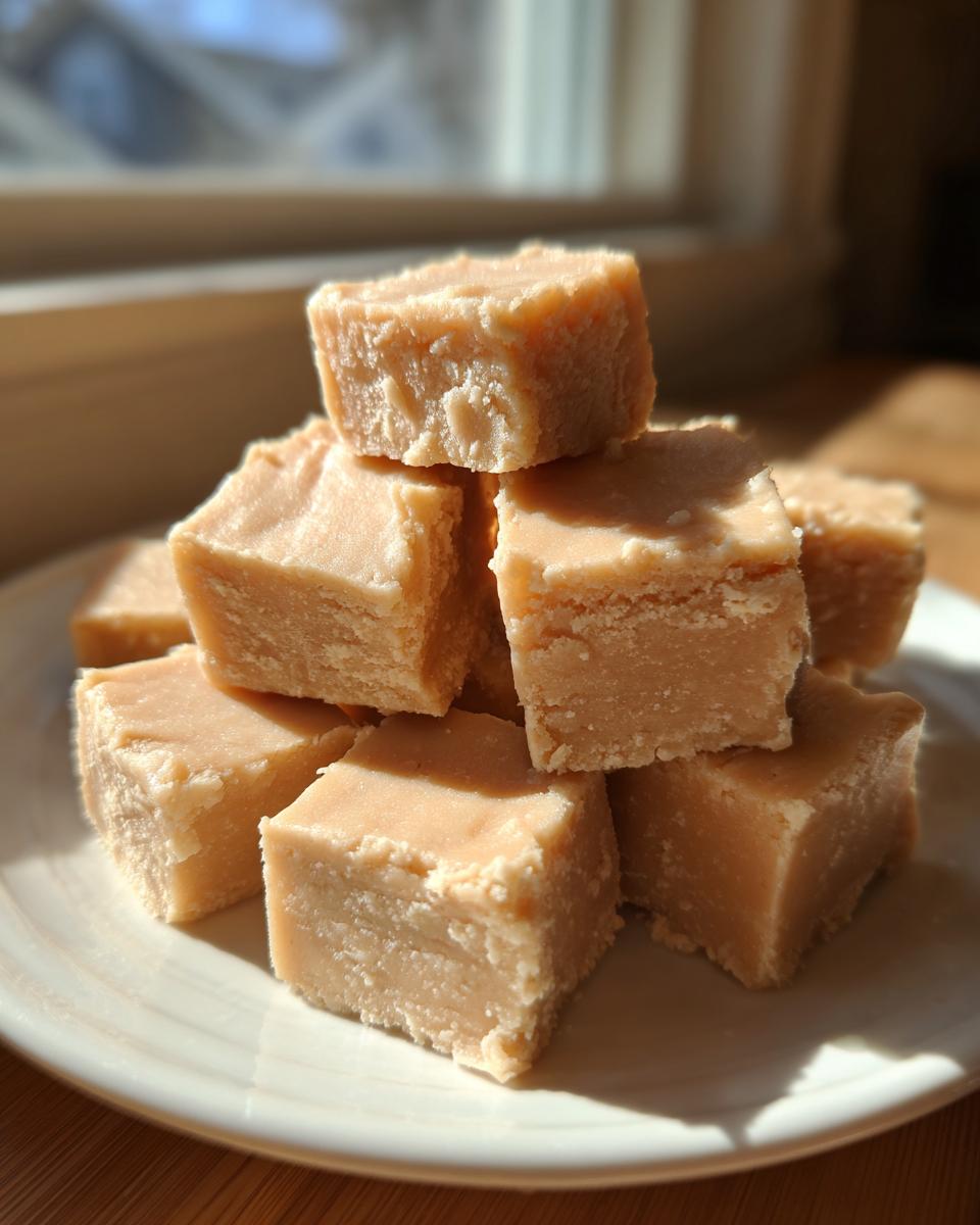 A stack of creamy, light brown peanut butter fudge squares resting on a white plate near a sunny window.