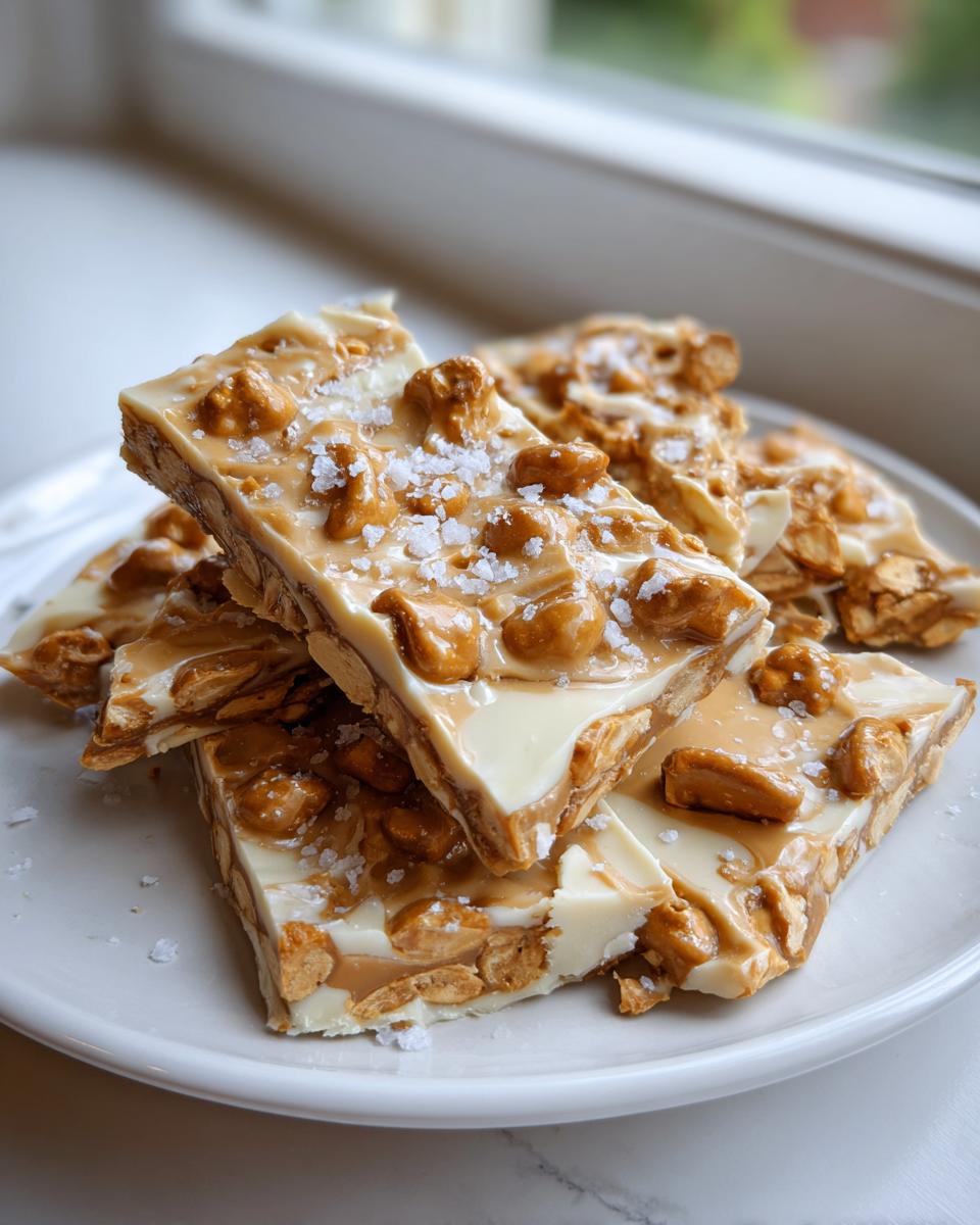 Close-up of stacked pieces of peanut butter pretzel bark featuring white chocolate, peanut butter swirls, and flaky sea salt.