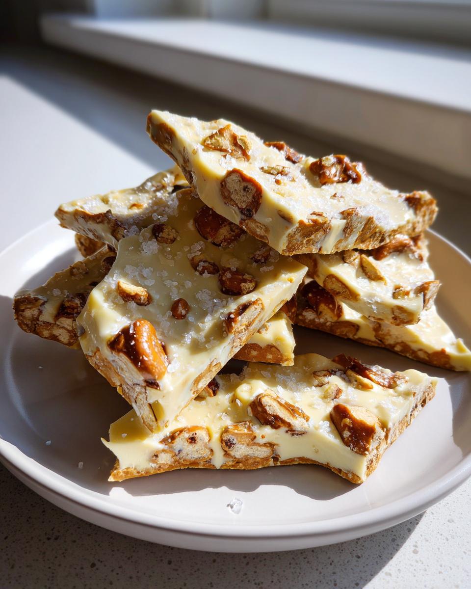 A stack of broken pieces of white chocolate peanut butter pretzel bark sprinkled with sea salt.