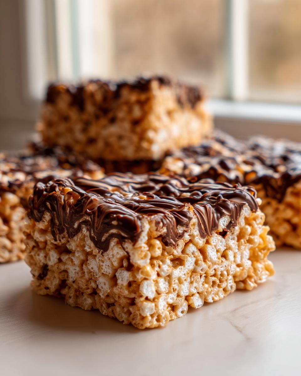 Close-up of a thick, chewy peanut butter rice krispie treats square topped with a dark chocolate drizzle.