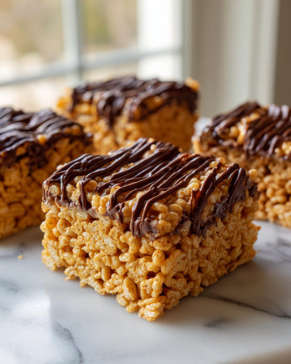 Close-up of a thick, square peanut butter rice krispie treats bar topped with a rich chocolate drizzle.