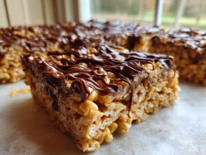A thick, square slice of peanut butter rice krispie treats topped with a rich, dark chocolate drizzle.