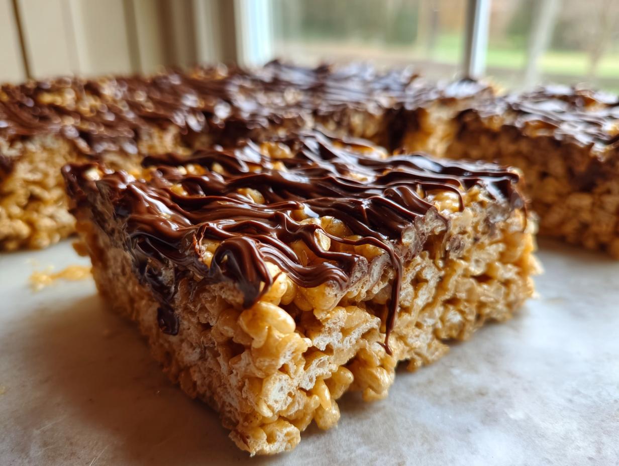 A thick, square slice of peanut butter rice krispie treats topped with a rich, dark chocolate drizzle.