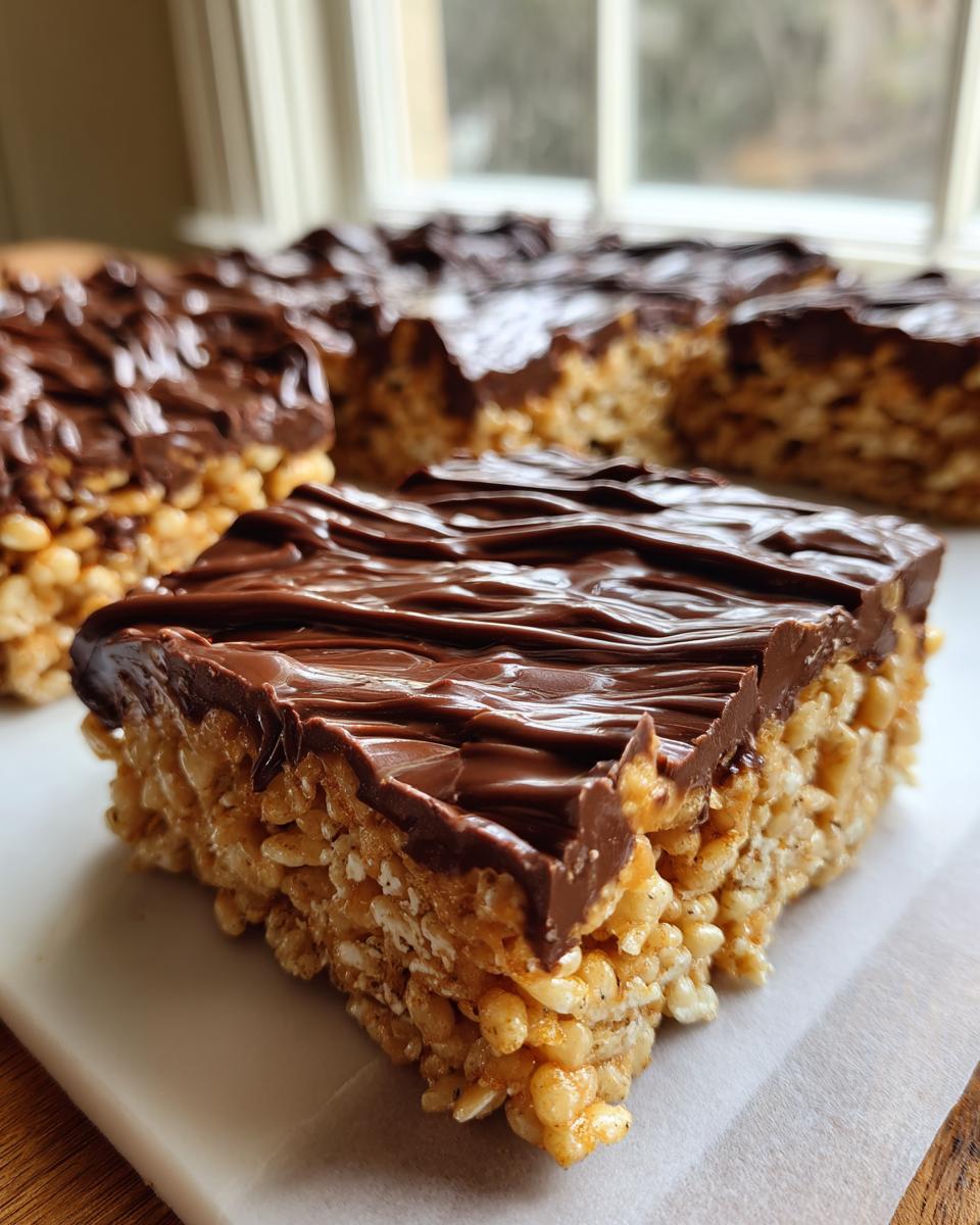 A close-up of a square peanut butter rice krispie treats bar topped with a thick layer of melted chocolate.