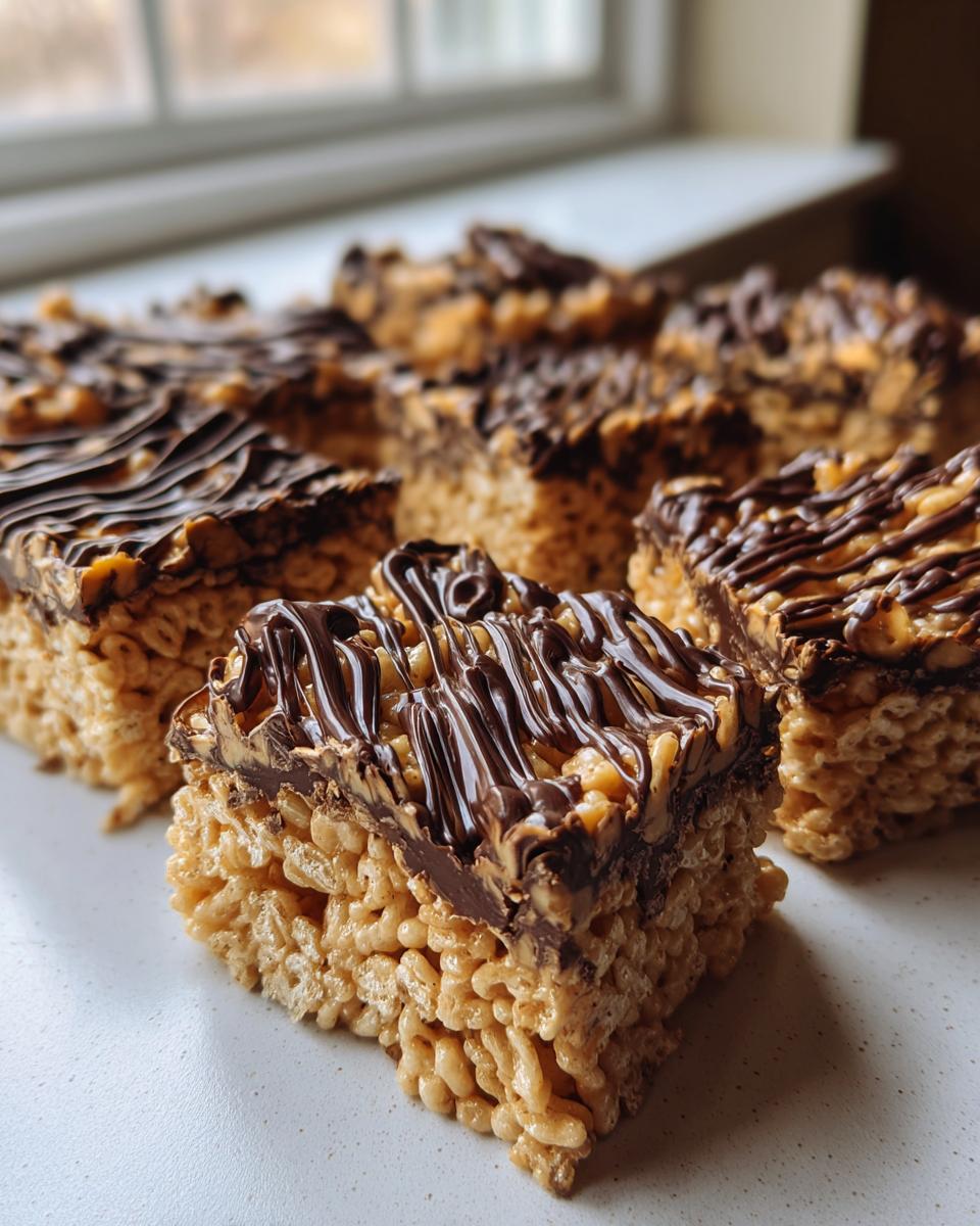 A close-up of several squares of peanut butter rice krispie treats topped with chocolate ganache and a dark chocolate drizzle.