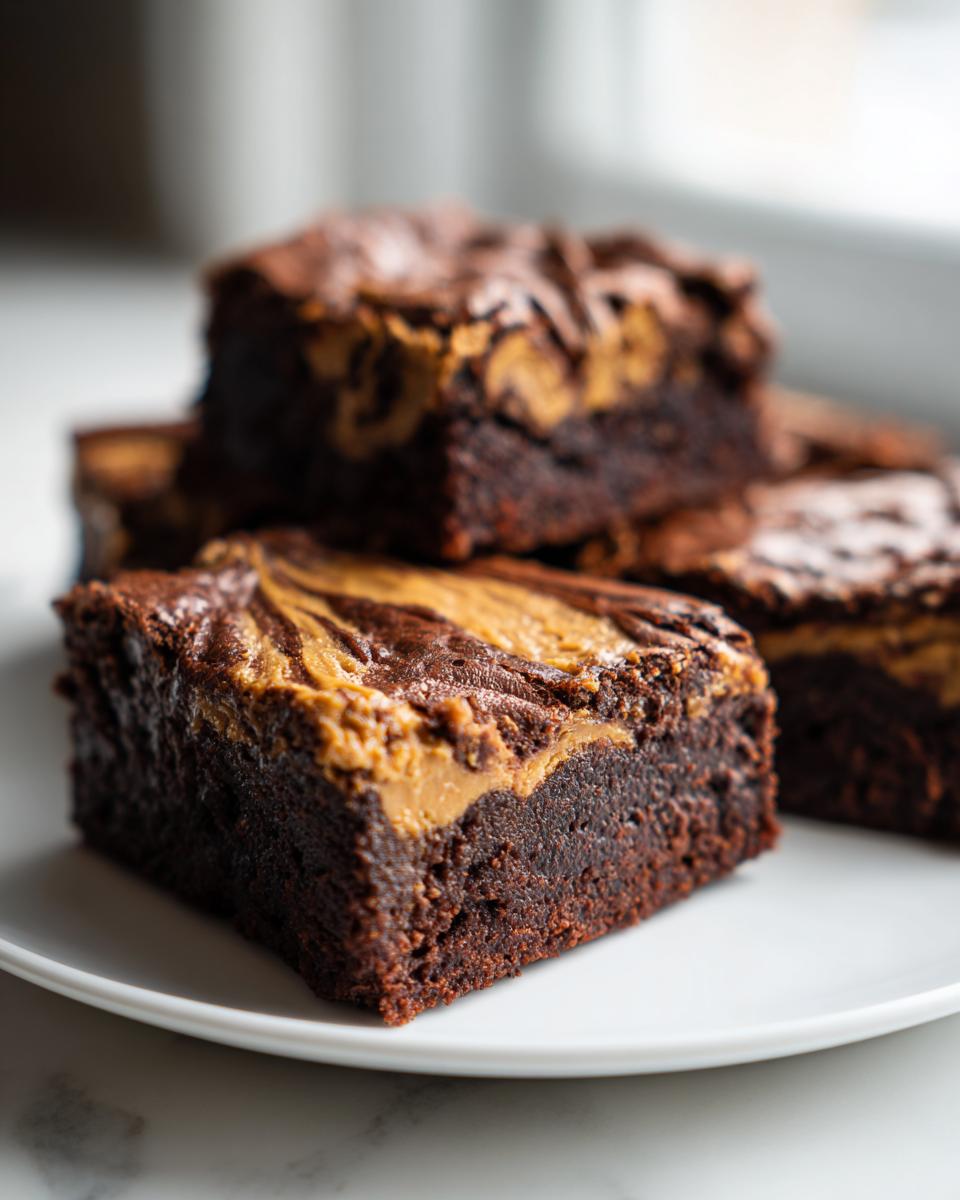 A close-up of a fudgy peanut butter swirl brownies square served on a white plate.