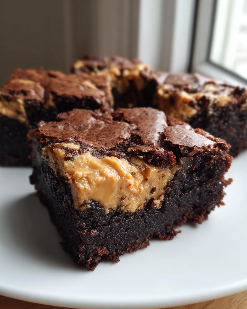 A close-up of a fudgy peanut butter swirl brownies square showing a thick layer of peanut butter filling.