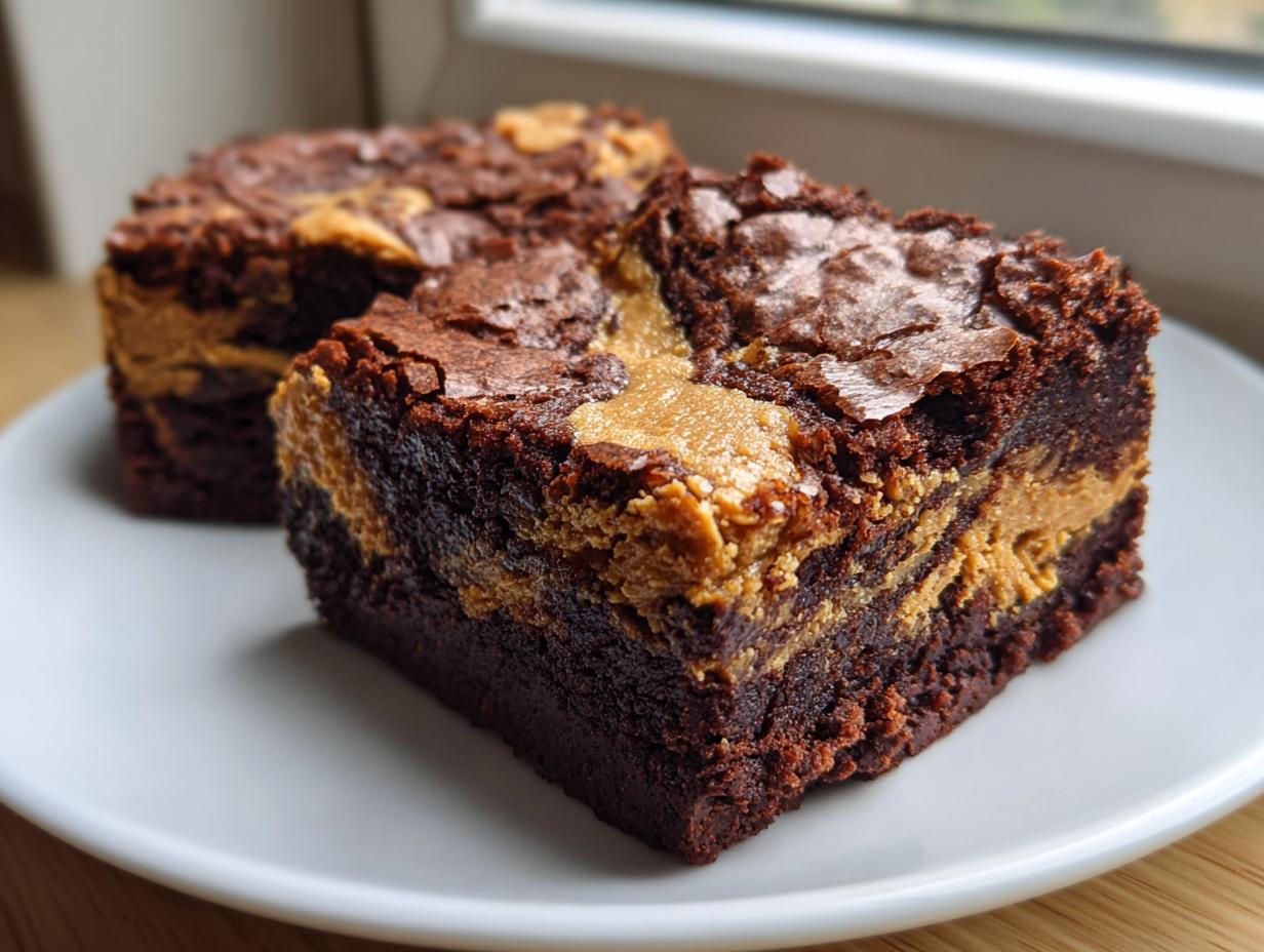 Two fudgy peanut butter swirl brownies with crinkly tops sitting on a white plate near a window.