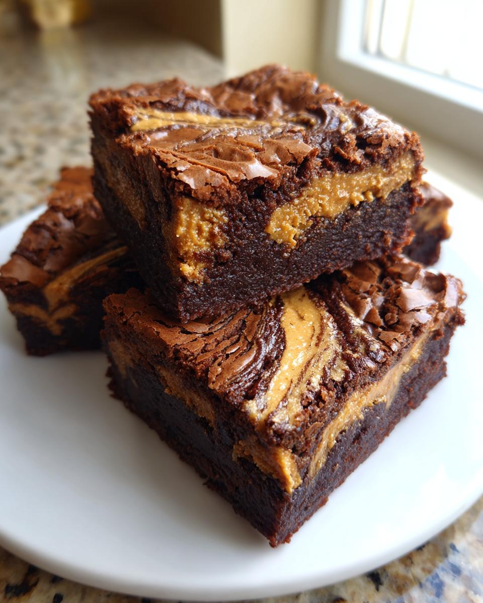 Close-up of stacked, fudgy peanut butter swirl brownies with shiny, cracked tops.