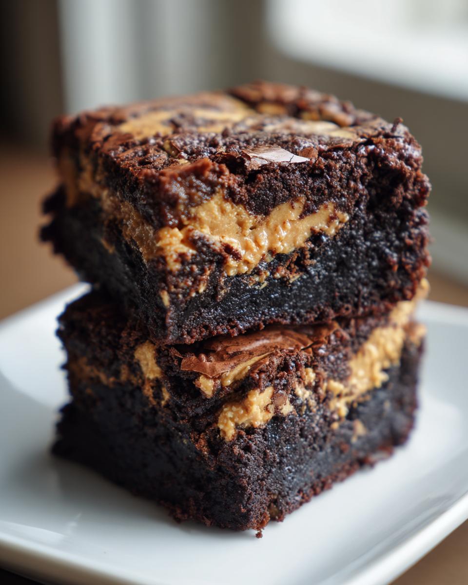 Two rich, dark chocolate peanut butter swirl brownies stacked on a white plate.