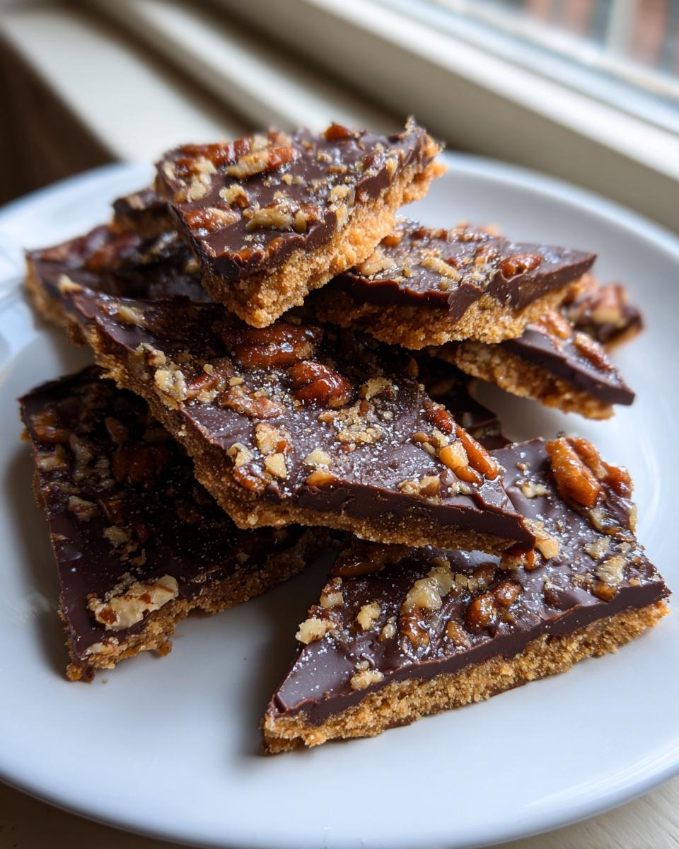 A stack of triangular pieces of Pecan Pie Bark featuring a chocolate top layer with pecans and a crumbly crust.