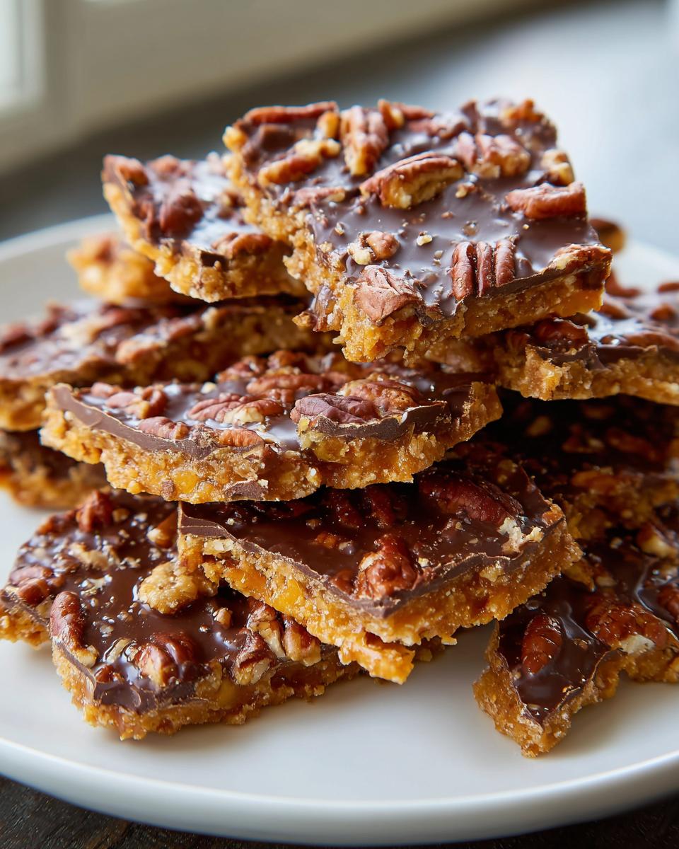 A stack of broken pieces of rich Pecan Pie Bark topped with chocolate and whole pecans, served on a white plate.