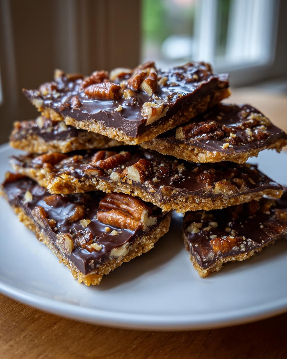 A stack of homemade Pecan Pie Bark pieces topped with glossy chocolate and whole pecans, resting on a white plate.